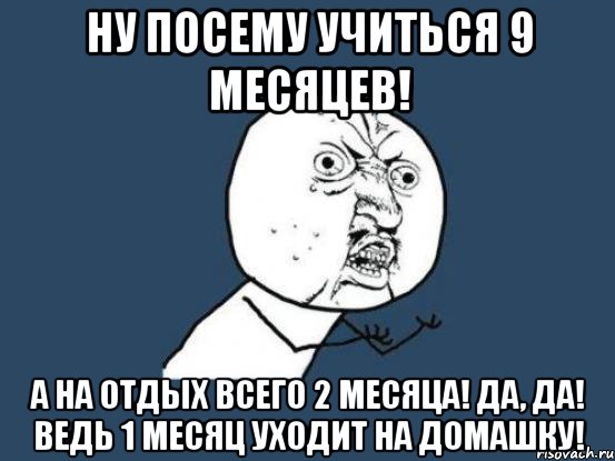 Ну посему учиться 9 месяцев! А на отдых всего 2 месяца! Да, да! Ведь 1 месяц уходит на домашку!, Мем Ну почему