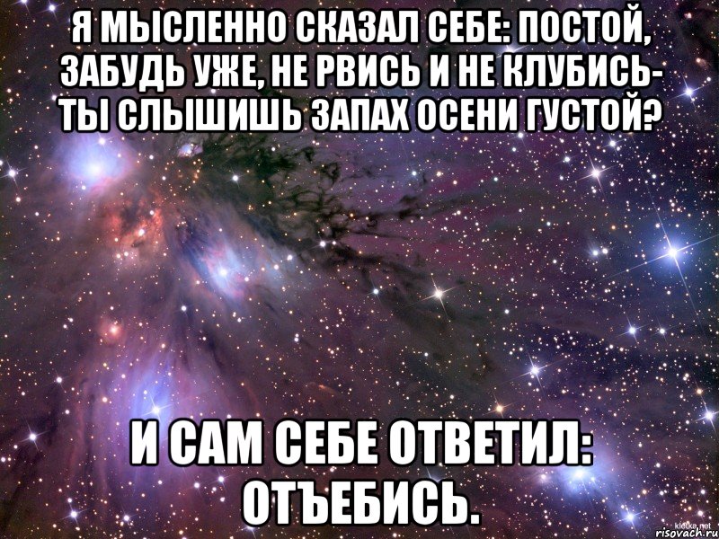 Я мысленно сказал себе: постой, Забудь уже, не рвись и не клубись- Ты слышишь запах осени густой? И сам себе ответил: отъебись., Мем Космос