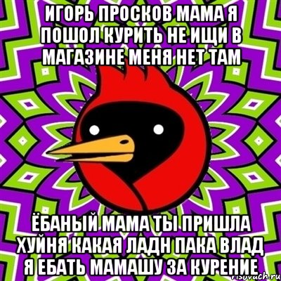 игорь просков мама я пошол курить не ищи в магазине меня нет там ёбаный мама ты пришла хуйня какая ладн пака влад я ебать мамашу за курение, Мем Омская птица