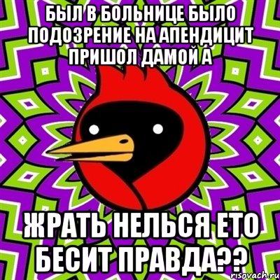 был в больнице было подозрение на апендицит пришол дамой а жрать нелься ето бесит правда??, Мем Омская птица