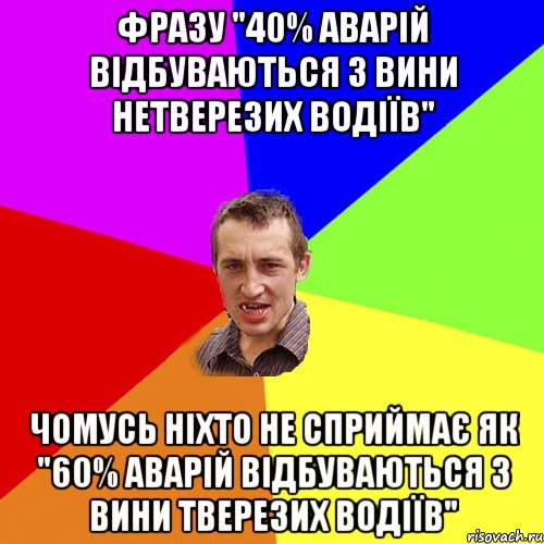 Фразу "40% аварій відбуваються з вини нетверезих водіїв" чомусь ніхто не сприймає як "60% аварій відбуваються з вини тверезих водіїв", Мем Чоткий паца