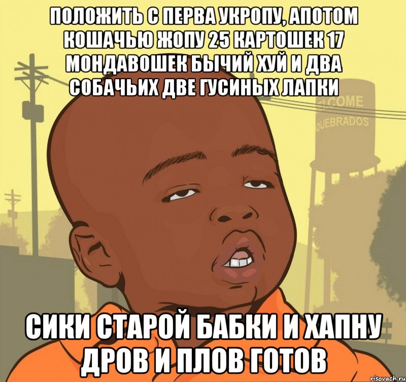 Положить с перва укропу, апотом кошачью жопу 25 картошек 17 мондавошек бычий хуй и два собачьих две гусиных лапки Сики старой бабки и хапну дров и плов готов, Мем Пацан наркоман