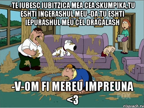 -Te iubesc iubitzica mea cea skumpika,tu eshti ingerashul meu -Da tu eshti iepurashul meu cel dragalash -V-om fi mereu impreuna <3, Мем puke