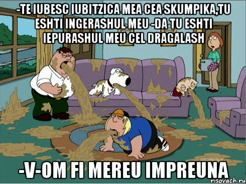 -Te iubesc iubitzica mea cea skumpika,tu eshti ingerashul meu -Da tu eshti iepurashul meu cel dragalash -V-om fi mereu impreuna, Мем puke