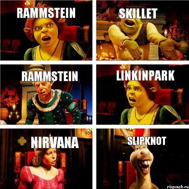 Rammstein Skillet Rammstein Linkinpark Nirvana Slipknot, Комикс  Шрек Фиона Гарольд Осел