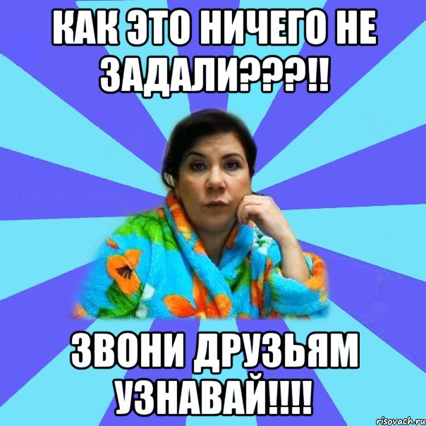 как это ничего не задали???!! ЗВОНИ ДРУЗЬЯМ УЗНАВАЙ!!!!, Мем типичная мама