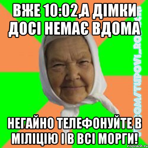 вже 10:02,а дімки досі немає вдома негайно телефонуйте в міліцію і в всі морги!, Мем  Типова бабця