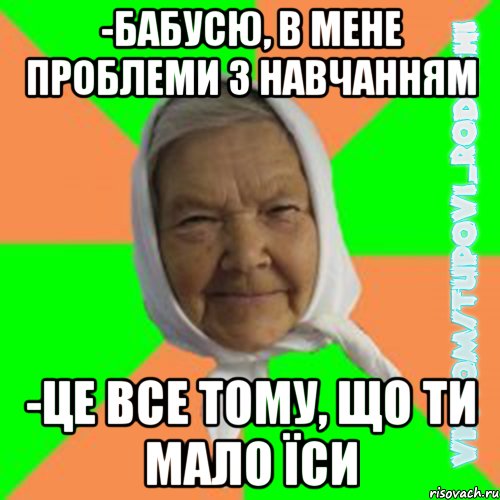 -Бабусю, в мене проблеми з навчанням -це все тому, що ти мало їси, Мем  Типова бабця