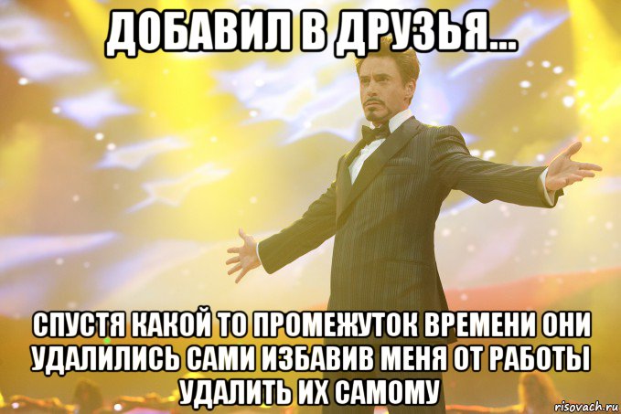 добавил в друзья... спустя какой то промежуток времени они удалились сами избавив меня от работы удалить их самому, Мем Тони Старк (Роберт Дауни младший)