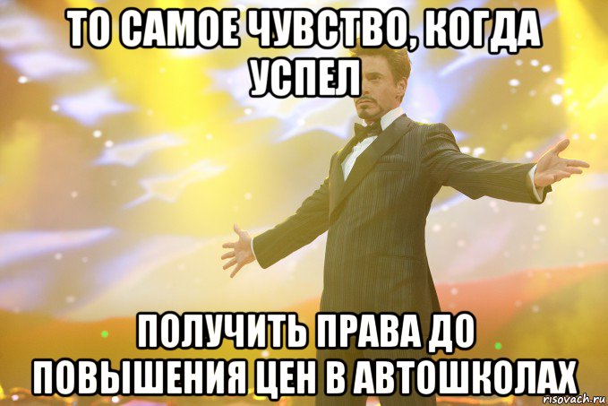 То самое чувство, когда успел Получить права до повышения цен в автошколах, Мем Тони Старк (Роберт Дауни младший)