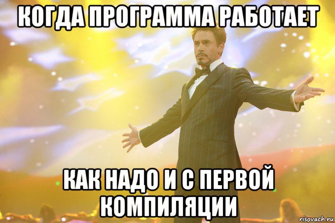 когда программа работает как надо и с первой компиляции, Мем Тони Старк (Роберт Дауни младший)