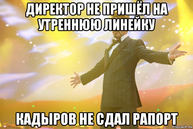 ДИРЕКТОР НЕ ПРИШЁЛ НА УТРЕННЮЮ ЛИНЕЙКУ КАДЫРОВ НЕ СДАЛ РАПОРТ, Мем Тони Старк (Роберт Дауни младший)