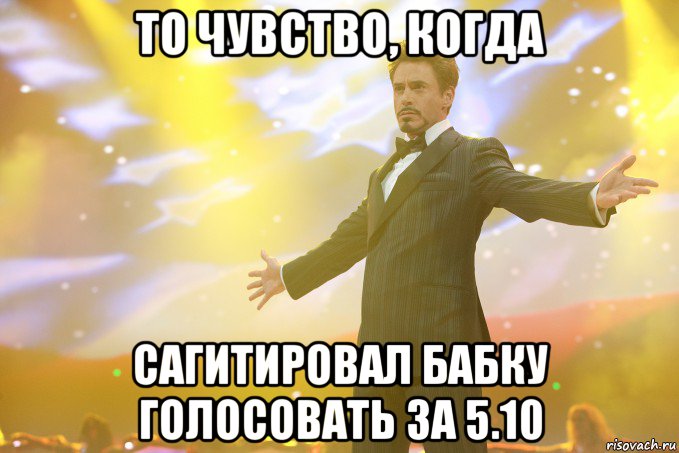 То чувство, когда сагитировал бабку голосовать за 5.10, Мем Тони Старк (Роберт Дауни младший)