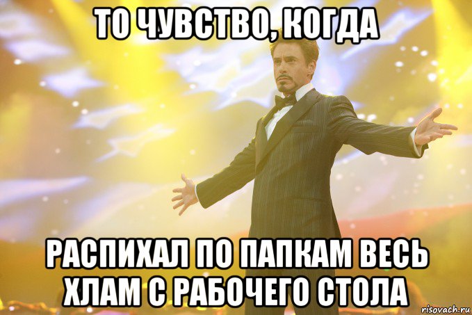 то чувство, когда распихал по папкам весь хлам с рабочего стола, Мем Тони Старк (Роберт Дауни младший)