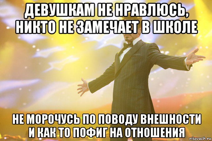 ДЕВУШКАМ НЕ НРАВЛЮСЬ, НИКТО НЕ ЗАМЕЧАЕТ В ШКОЛЕ НЕ МОРОЧУСЬ ПО ПОВОДУ ВНЕШНОСТИ И КАК ТО ПОФИГ НА ОТНОШЕНИЯ, Мем Тони Старк (Роберт Дауни младший)