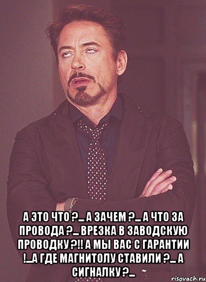  А это что ?... А зачем ?... А что за провода ?... Врезка в заводскую проводку ?!! А мы вас с гарантии !...А где магнитолу ставили ?... А сигналку ?..., Мем твое выражение лица