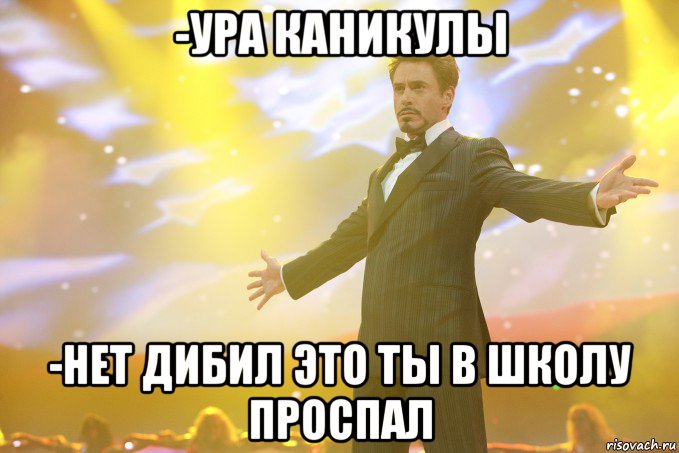 -Ура каникулы -нет дибил это ты в школу проспал, Мем Тони Старк (Роберт Дауни младший)