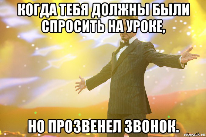 Когда тебя должны были спросить на уроке, но прозвенел звонок., Мем Тони Старк (Роберт Дауни младший)