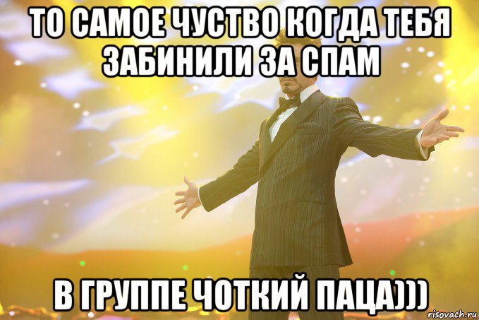 То самое чуство когда тебя забинили за спам В группе Чоткий паца))), Мем Тони Старк (Роберт Дауни младший)