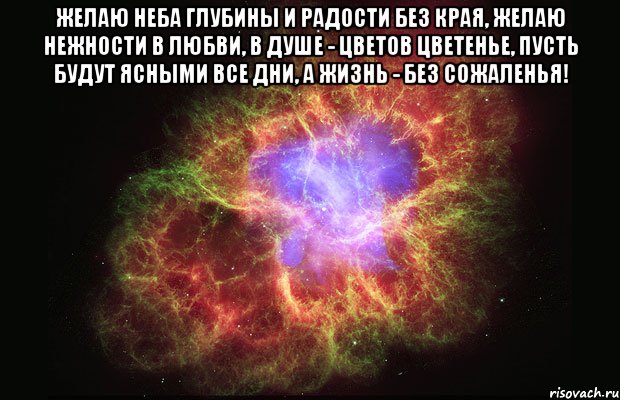 Желаю неба глубины И радости без края, Желаю нежности в любви, В душе - цветов цветенье, Пусть будут ясными все дни, А жизнь - без сожаленья! , Мем Туманность