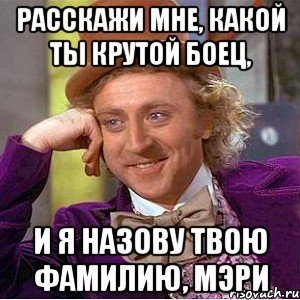 Расскажи мне, какой ты крутой боец, И я назову твою фамилию, Мэри, Мем Ну давай расскажи (Вилли Вонка)