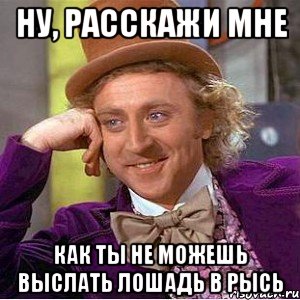 НУ, РАССКАЖИ МНЕ КАК ТЫ НЕ МОЖЕШЬ ВЫСЛАТЬ ЛОШАДЬ В РЫСЬ, Мем Ну давай расскажи (Вилли Вонка)