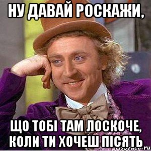 НУ ДАВАЙ РОСКАЖИ, ЩО ТОБІ ТАМ ЛОСКОЧЕ, КОЛИ ТИ ХОЧЕШ ПІСЯТЬ, Мем Ну давай расскажи (Вилли Вонка)