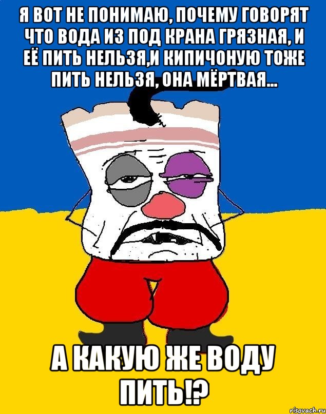 Я вот не понимаю, почему говорят что вода из под крана грязная, и её пить нельзя,и кипичоную тоже пить нельзя, она мёртвая... А какую же воду пить!?, Мем Западенец - тухлое сало