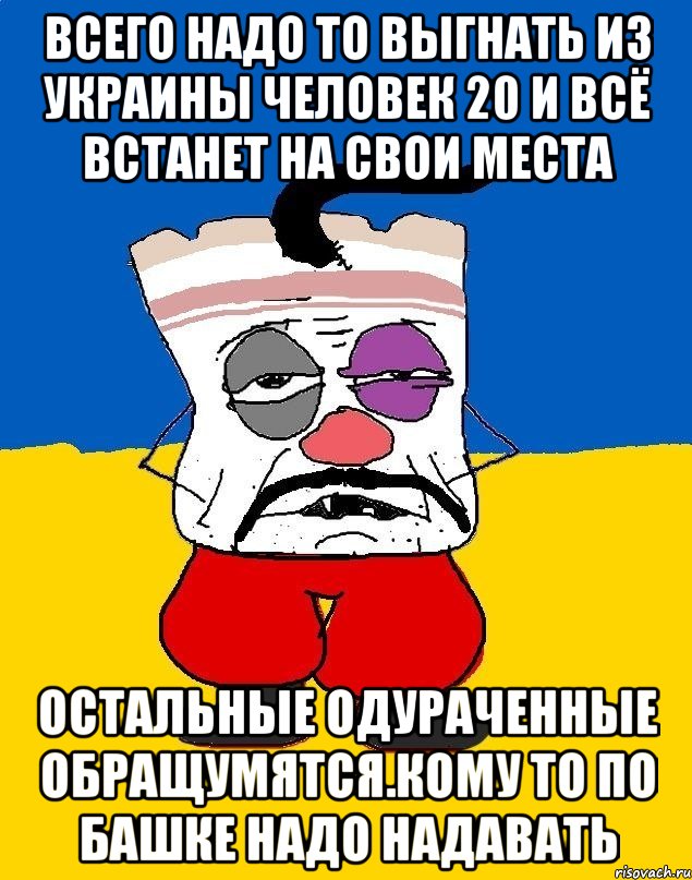 Всего надо то выгнать из украины человек 20 и всё встанет на свои места Остальные одураченные обращумятся.кому то по башке надо надавать, Мем Западенец - тухлое сало