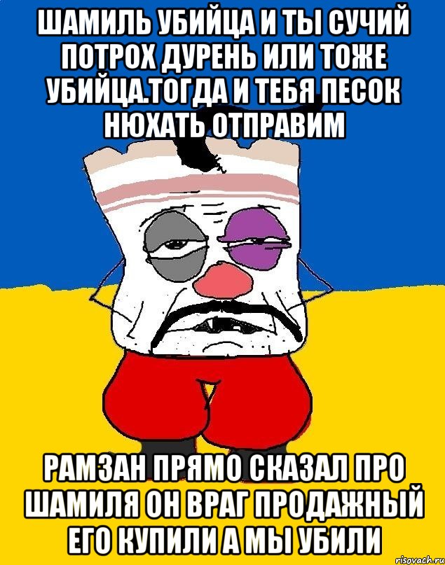 Шамиль убийца и ты сучий потрох дурень или тоже убийца.тогда и тебя песок нюхать отправим Рамзан прямо сказал про шамиля он враг продажный его купили а мы убили, Мем Западенец - тухлое сало