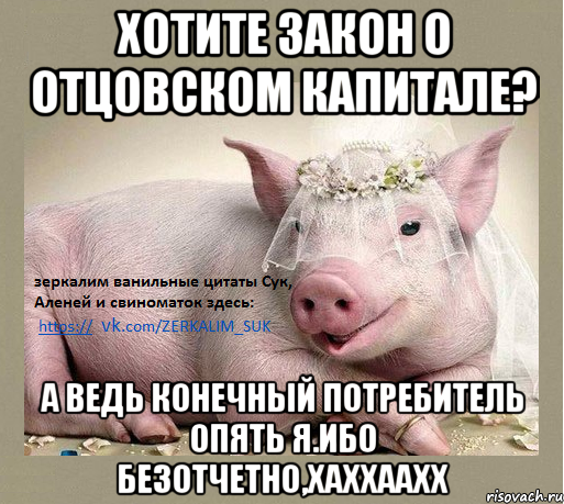 хотите закон о отцовском капитале? а ведь конечный потребитель опять я.ибо безотчетно,хаххаахх