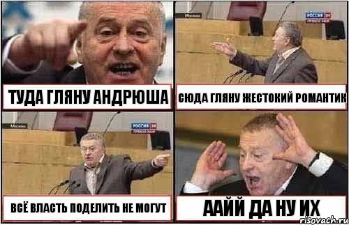 ТУДА ГЛЯНУ АНДРЮША СЮДА ГЛЯНУ ЖЕСТОКИЙ РОМАНТИК ВСЁ ВЛАСТЬ ПОДЕЛИТЬ НЕ МОГУТ ААЙЙ ДА НУ ИХ, Комикс жиреновский