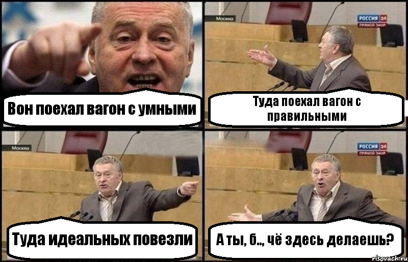 Вон поехал вагон с умными Туда поехал вагон с правильными Туда идеальных повезли А ты, б.., чё здесь делаешь?, Комикс Жириновский