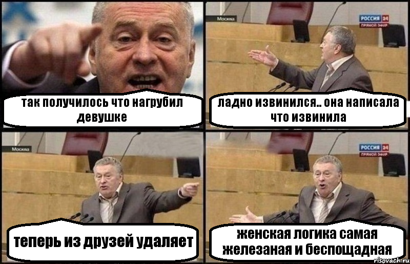 так получилось что нагрубил девушке ладно извинился.. она написала что извинила теперь из друзей удаляет женская логика самая железаная и беспощадная, Комикс Жириновский