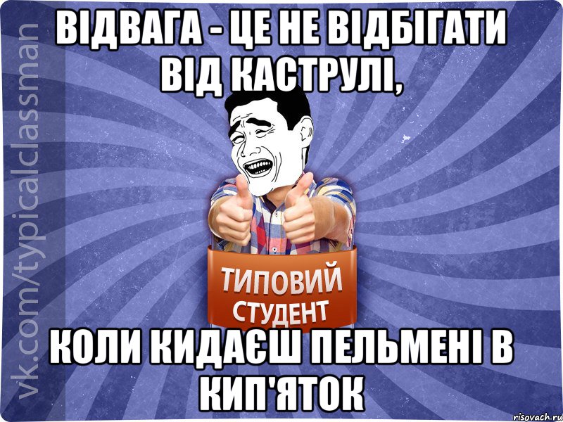 Відвага - це не відбігати від каструлі, коли кидаєш пельмені в кип'яток, Мем Типовий студент