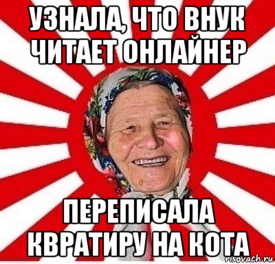 узнала, что внук читает онлайнер переписала квратиру на кота, Мем  бабуля