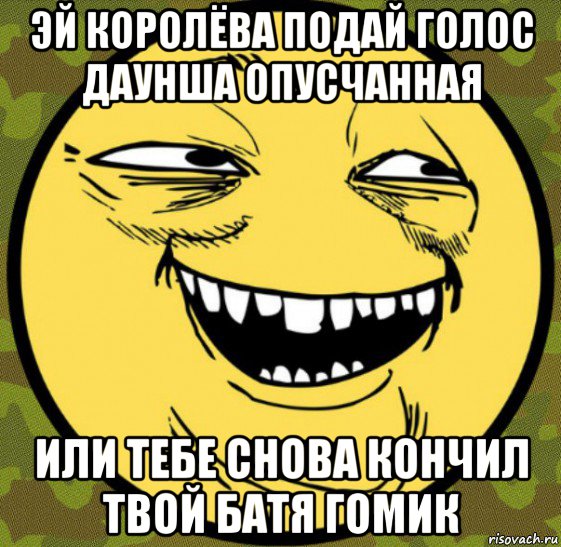 эй королёва подай голос даунша опусчанная или тебе снова кончил твой батя гомик, Мем Баггет От Психа