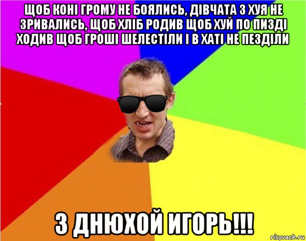 щоб конi грому не боялись, дiвчата з хуя не зривались, щоб хлiб родив щоб хуй по пиздi ходив щоб грошi шелестiли i в хатi не пездiли з днюхой игорь!!!