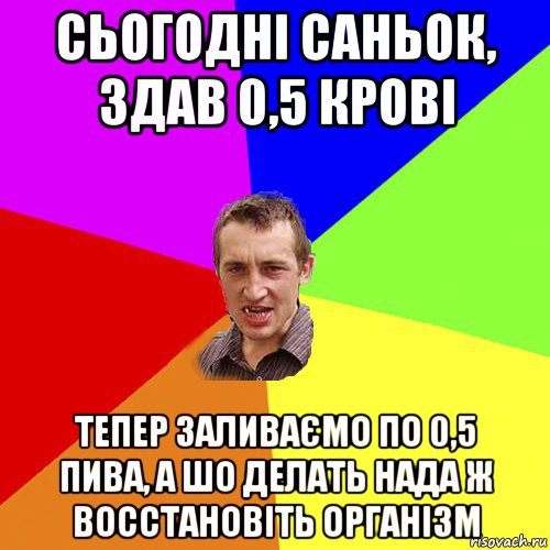 сьогодні саньок, здав 0,5 крові тепер заливаємо по 0,5 пива, а шо делать нада ж восстановіть організм, Мем Чоткий паца