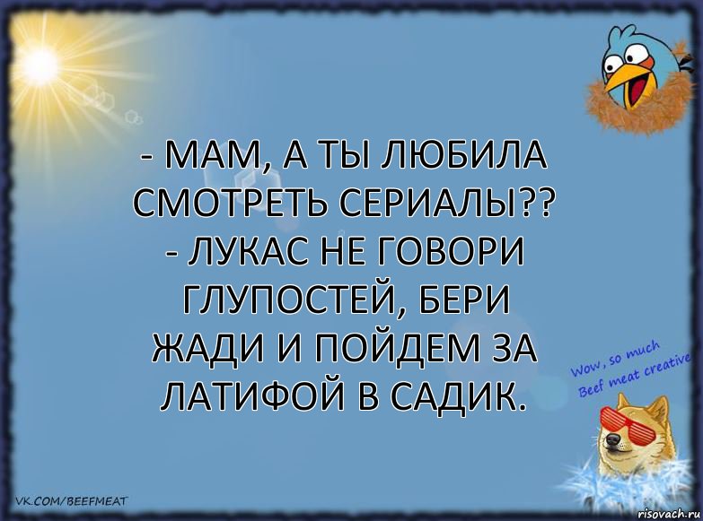 - Мам, а ты любила смотреть сериалы?? - Лукас не говори глупостей, бери Жади и пойдем за Латифой в садик.