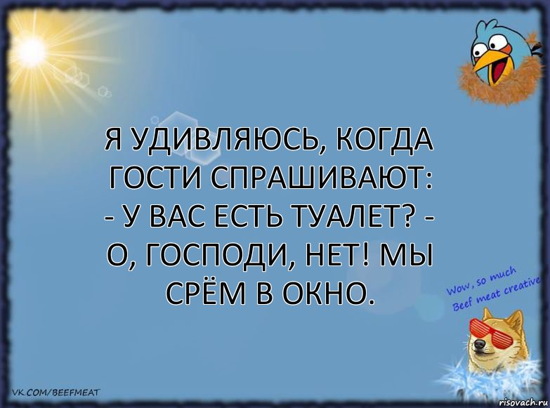 Я удивляюсь, когда гости спрашивают: - У Вас есть туалет? - О, ГОСПОДИ, НЕТ! МЫ СРЁМ В ОКНО.