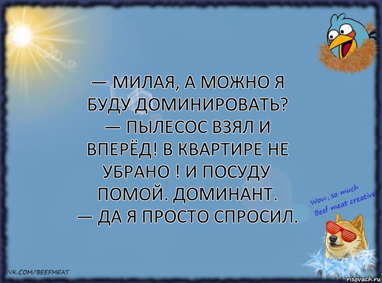 — Милая, а можно я буду доминировать?
— Пылесос взял и вперёд! В квартире не убрано ! И посуду помой. Доминант.
— Да я просто спросил.