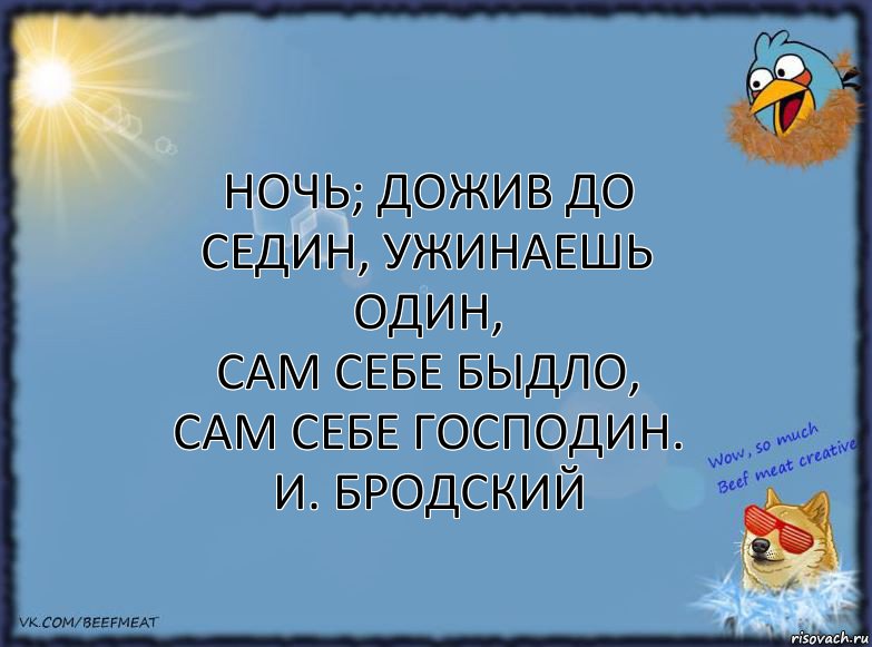 Ночь; дожив до седин, ужинаешь один,
сам себе быдло, сам себе господин.
И. Бродский, Комикс ФОН