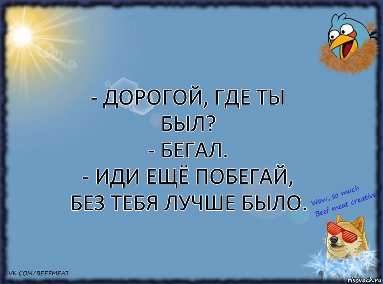 - Дорогой, где ты был?
- Бегал.
- Иди ещё побегай, без тебя лучше было.