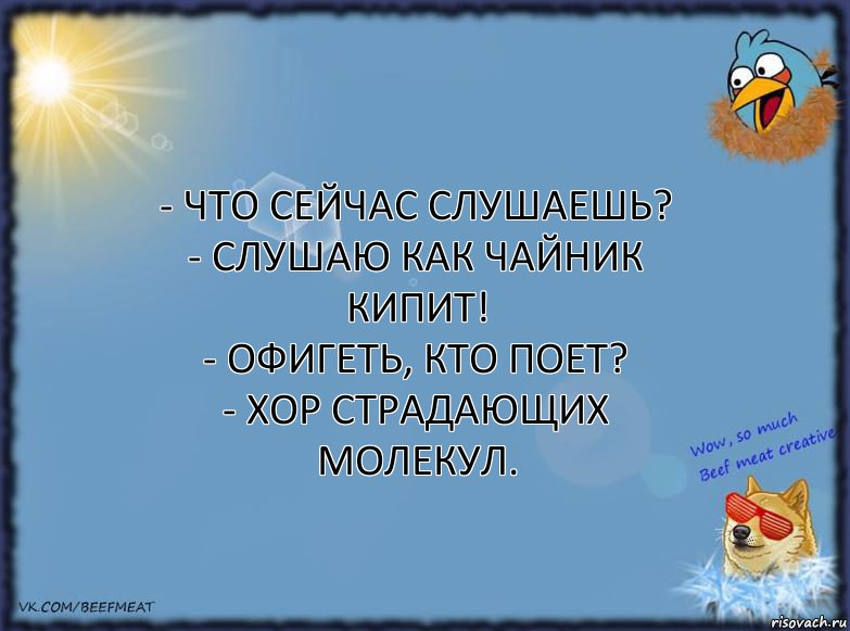 - Что сейчас слушаешь?
- Слушаю как чайник кипит!
- Офигеть, кто поет?
- Хор страдающих молекул.