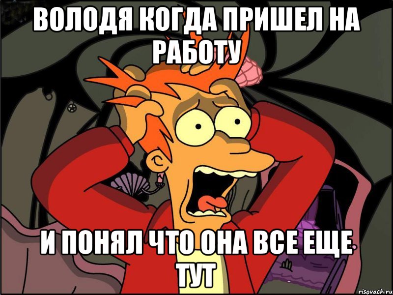 Володя когда пришел на работу и понял что она все еще тут, Мем Фрай в панике