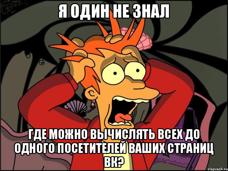 Я ОДИН НЕ ЗНАЛ ГДЕ МОЖНО ВЫЧИСЛЯТЬ ВСЕХ ДО ОДНОГО ПОСЕТИТЕЛЕЙ ВАШИХ СТРАНИЦ ВК?, Мем Фрай в панике