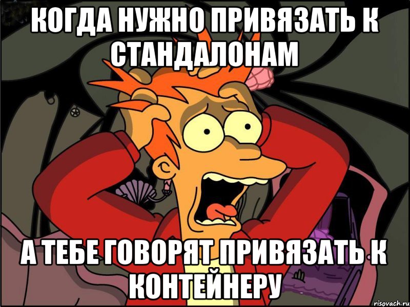 Когда нужно привязать к стандалонам А тебе говорят привязать к контейнеру, Мем Фрай в панике