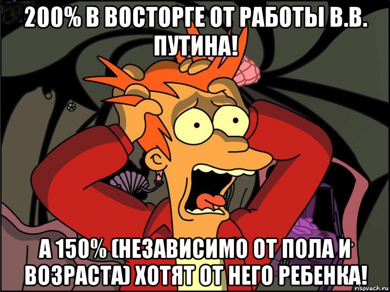 200% в восторге от работы В.В. Путина! А 150% (независимо от пола и возраста) хотят от него ребенка!, Мем Фрай в панике