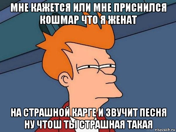 мне кажется или мне приснился кошмар что я женат на страшной карге и звучит песня ну чтош ты страшная такая, Мем  Фрай (мне кажется или)